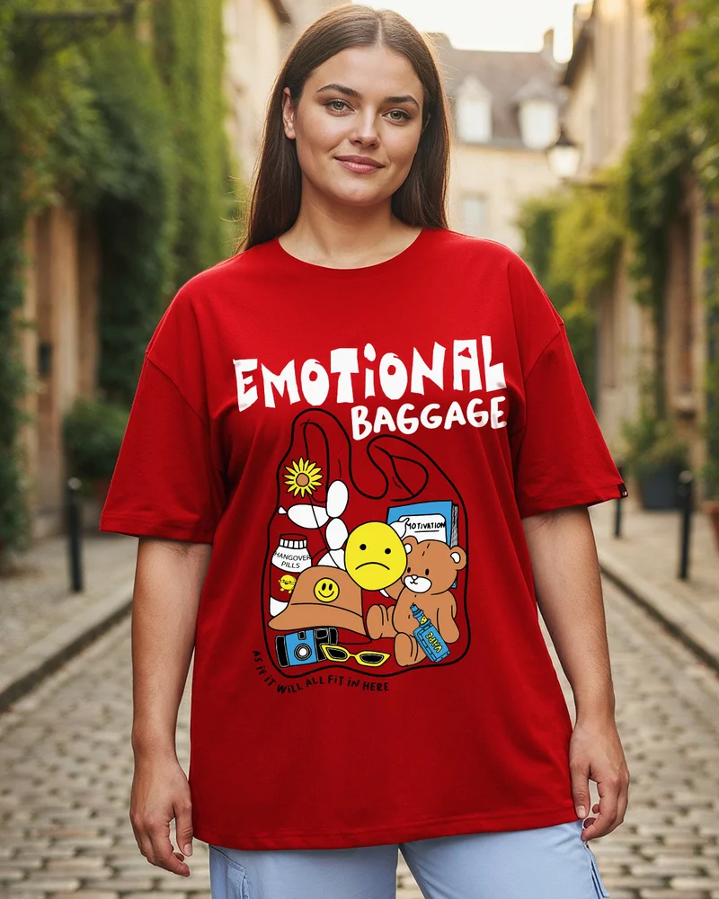 بيواكوف Women's Red Emotional Baggage Graphic Printed Oversized Plus Size T-shirt